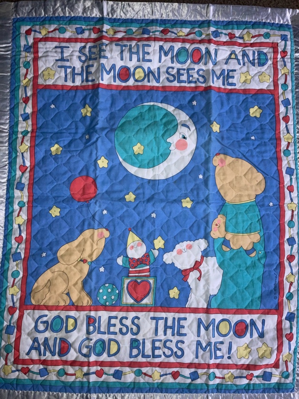 Vintage 90's Sue Dreamer Bright God Bless Moon Baby Blanket Crib Quilt